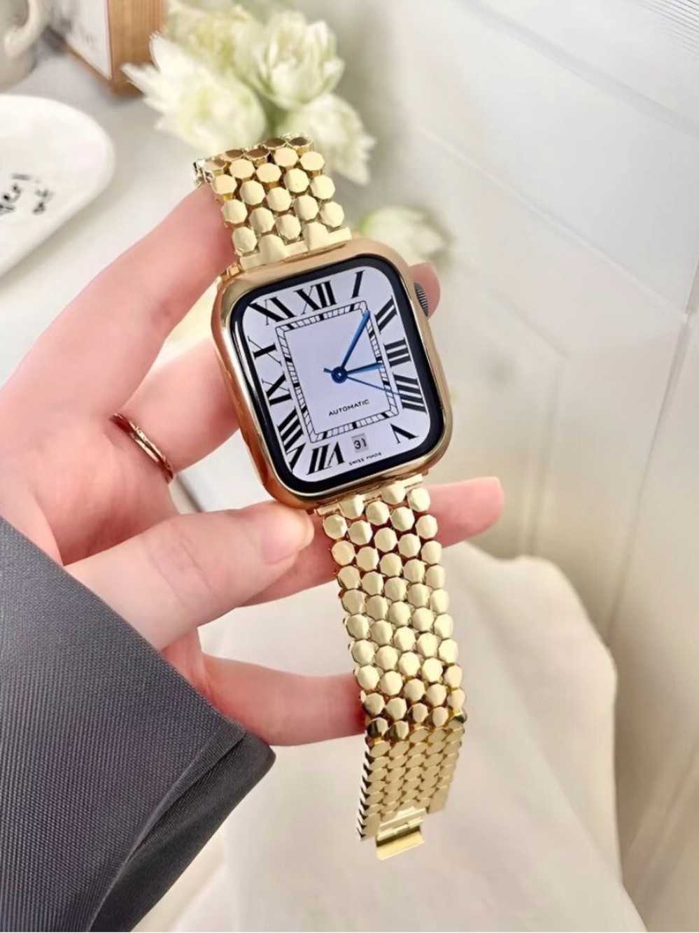 Gold Mesh Bracelet Square Face Watch - White Dial